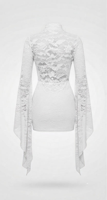 White Lace Mini Dress with Flowing Cape